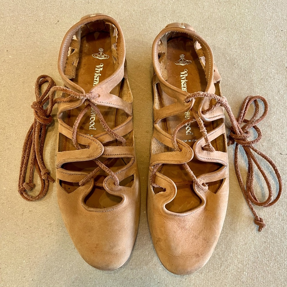 Vivienne Westwood tan leather cut-out lace up sandals